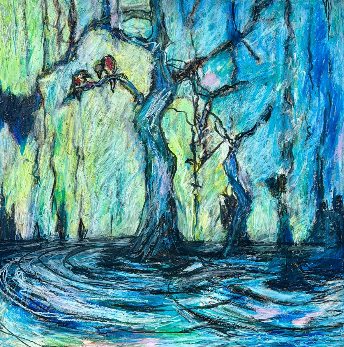 Circles in the Water - Oil painting on canvas, framed in a white wooden frame