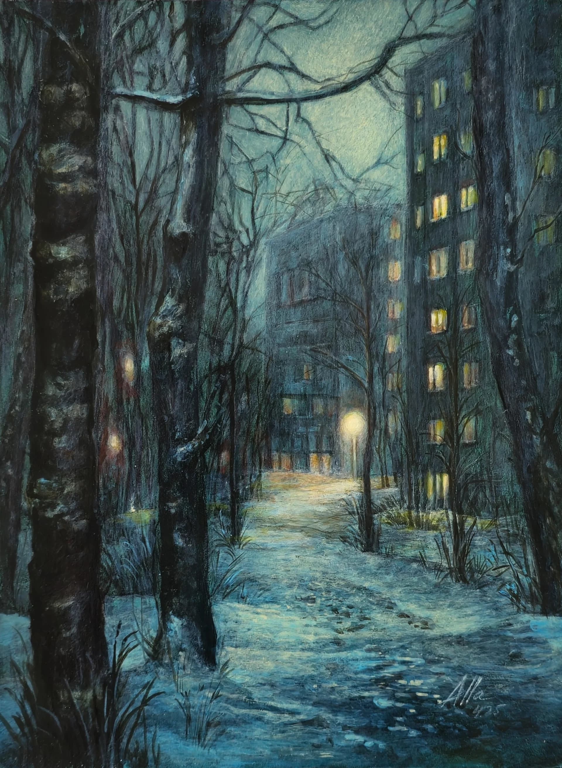 Winter Silence โ Snowy City Path at Night