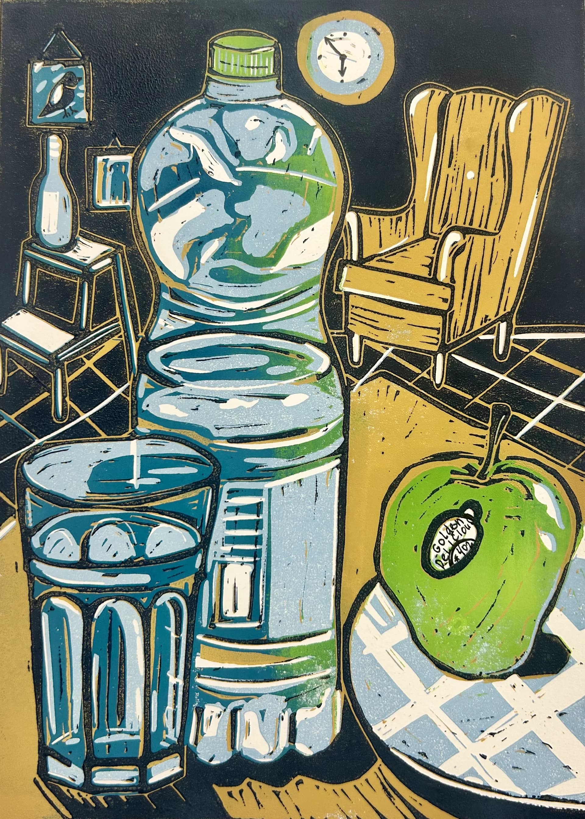 Bottle of water and green apple in the bomb shelter