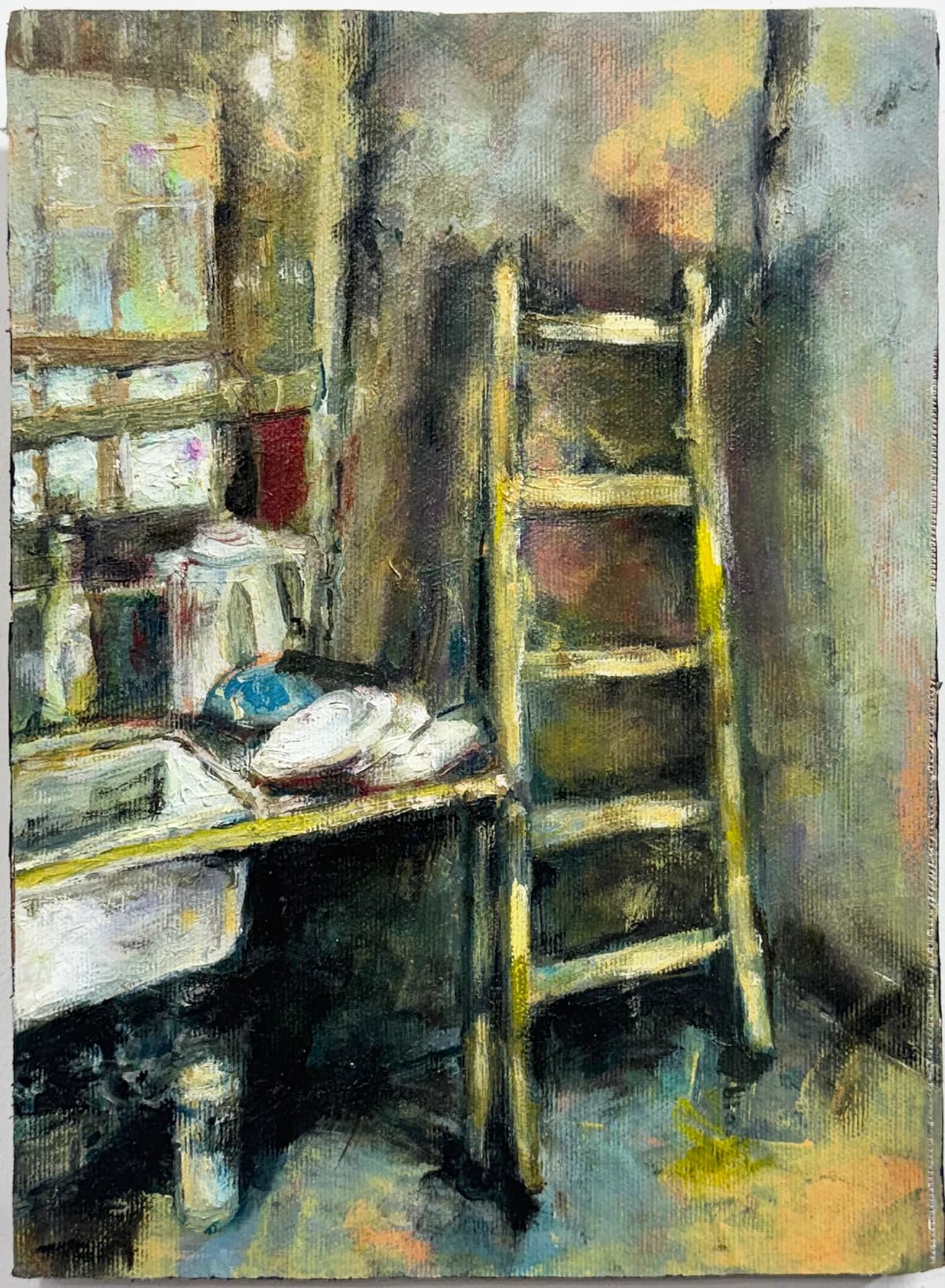 A Ladder Leaning Against a Wall - a small format painting in oil and acrylic