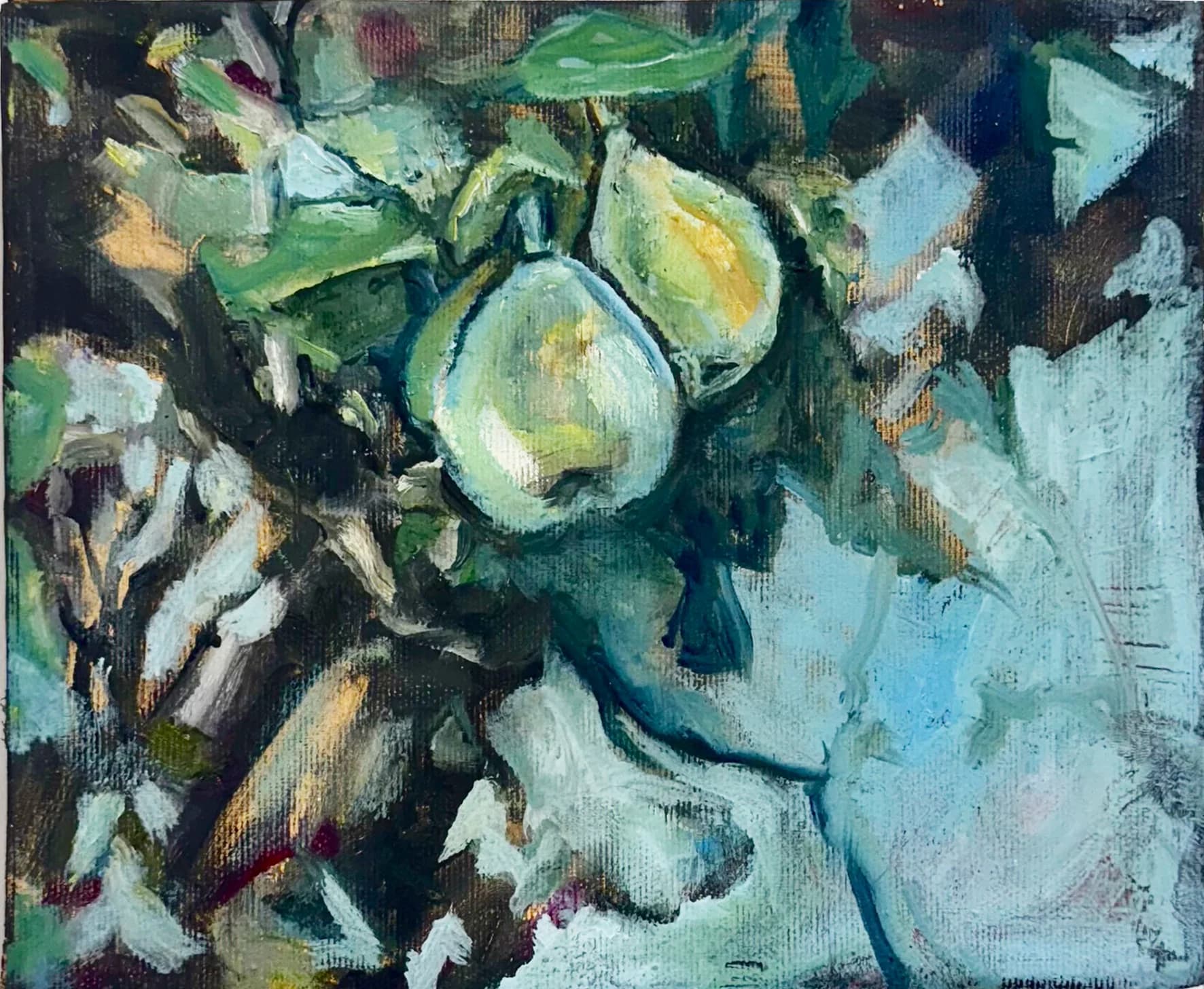 Two Pears in a Orchard, oil painting on canvas and wood